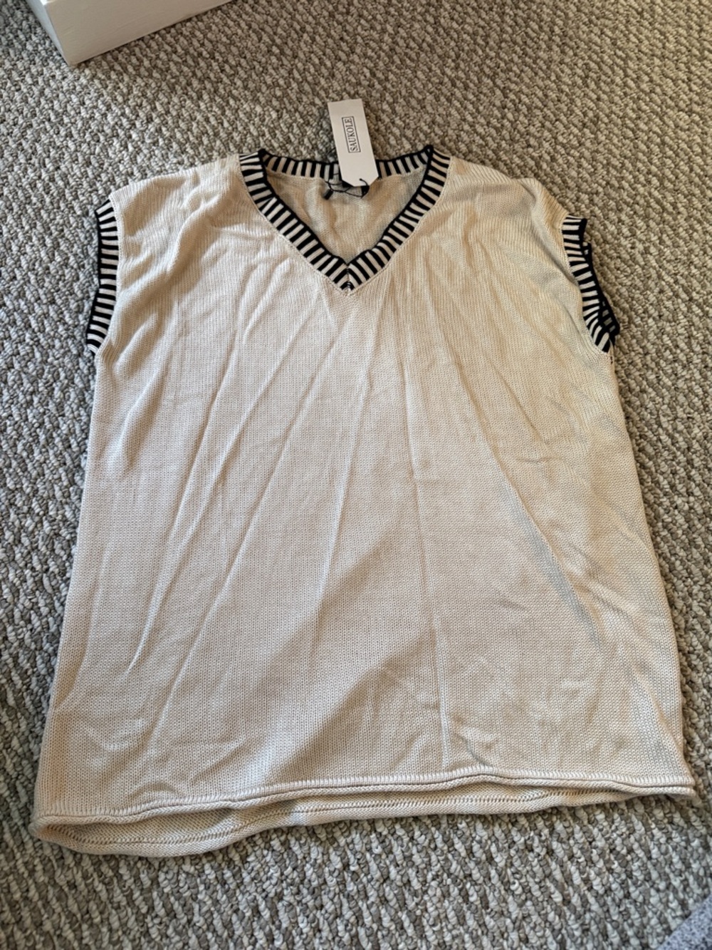 Saukole Striped Trim V-Neck Knit Tank Top - Beige